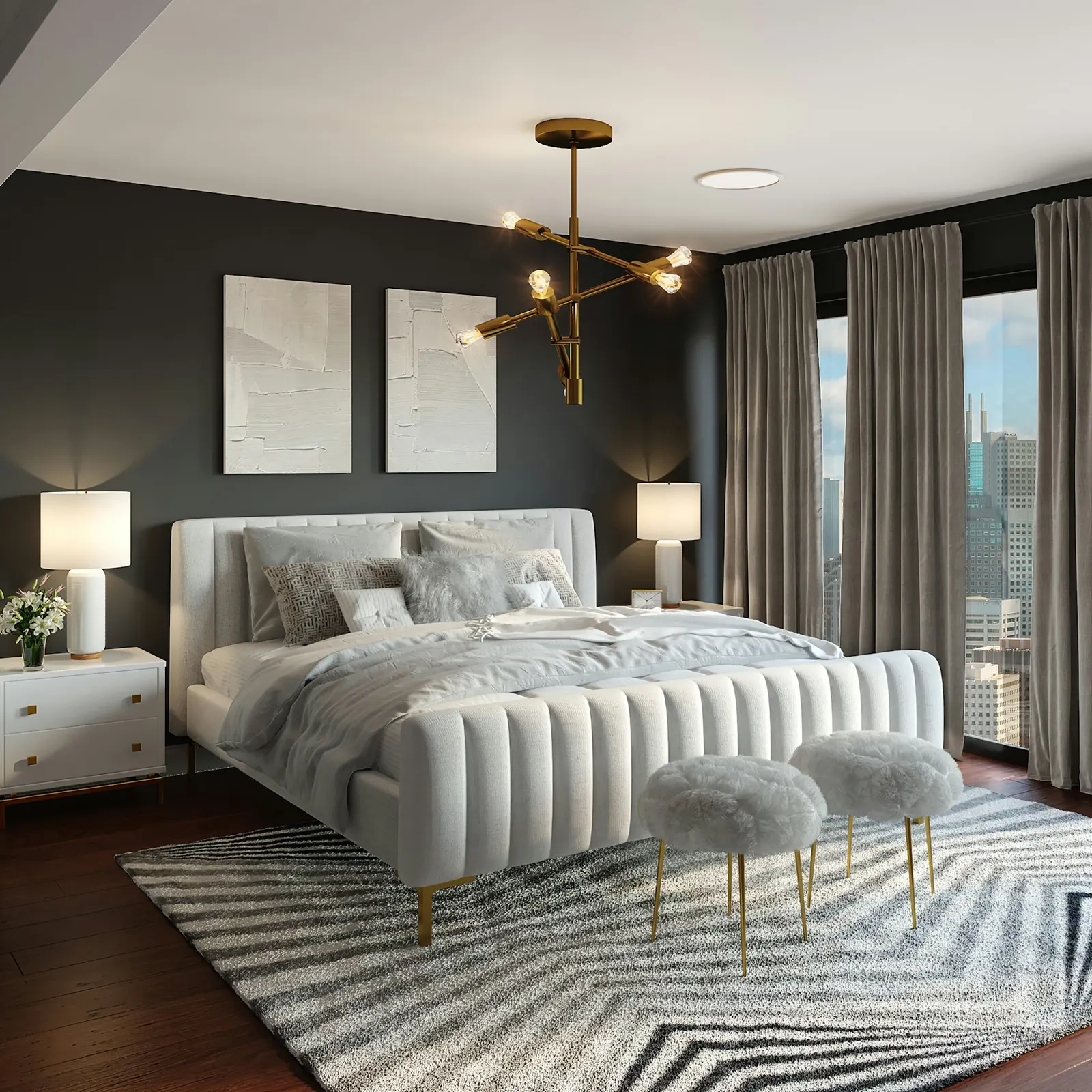 A hotel-style bedroom with a city view