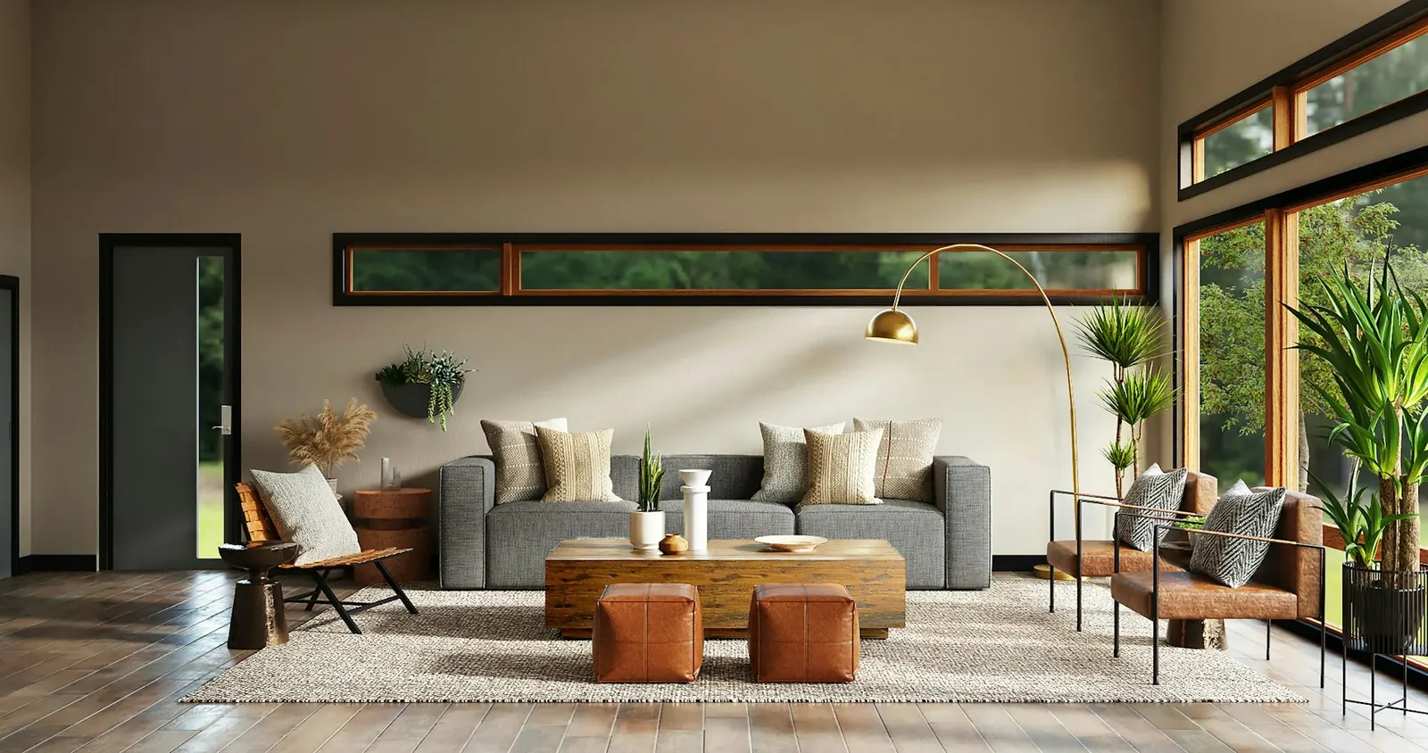 A styled living room with warm lighting and soft furnishings