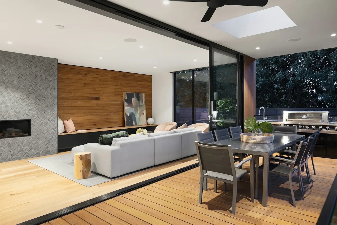 An open living and dining space with a work-friendly table